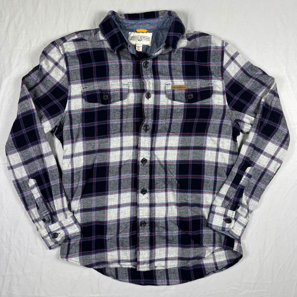 Field & Stream Mens Navy Blue White Red Plaid Flannel Button Down Shirt Medium